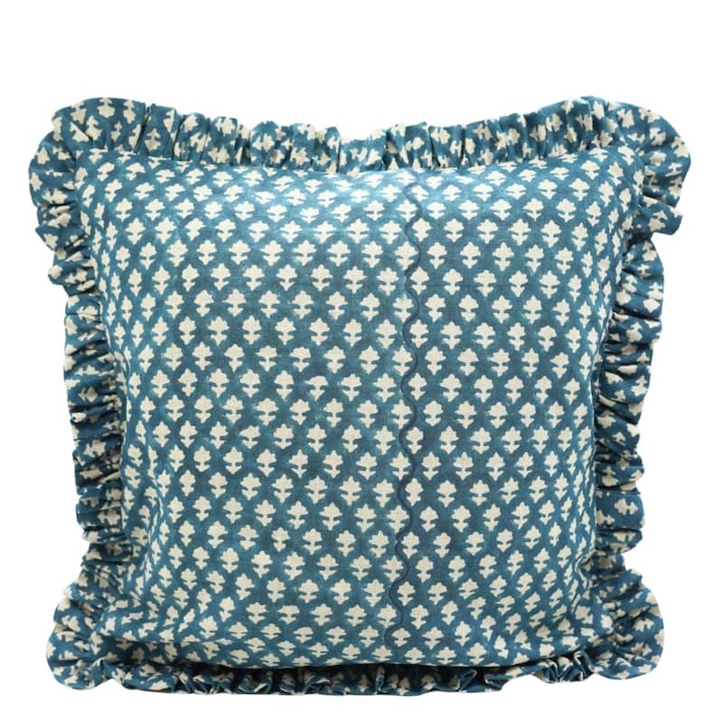 Fabdivine Handmade Block Print Floral Frill Both Side Soft Boho Pure Linen Pillow Cover - Pink City- Dark Blue - 12" x 20" - Cover Only