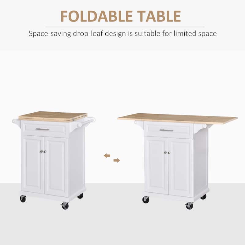 HOMCOM Kitchen Island Cart on Wheels with Extended Counter Drawer Cabinet Towel Racks Versatile Use Natural Wood Top and White