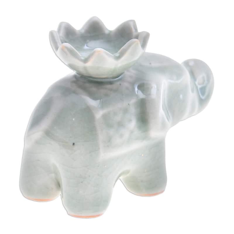 Novica Handmade Lotus Elephant Celadon Ceramic Incense Holder (Single)