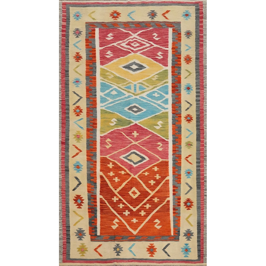 Hand Woven Oriental 100% Wool Carpet Southwestern Tribal Multi-Colored Kilim Area Rug - 8' 1'' X 4' 10''