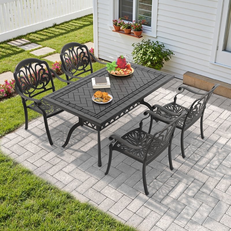 5/7-Piece Cast Aluminum Outdoor Dining Set with 59.06'' L X 35.43'' W Rectangular Table and Seat Cushions