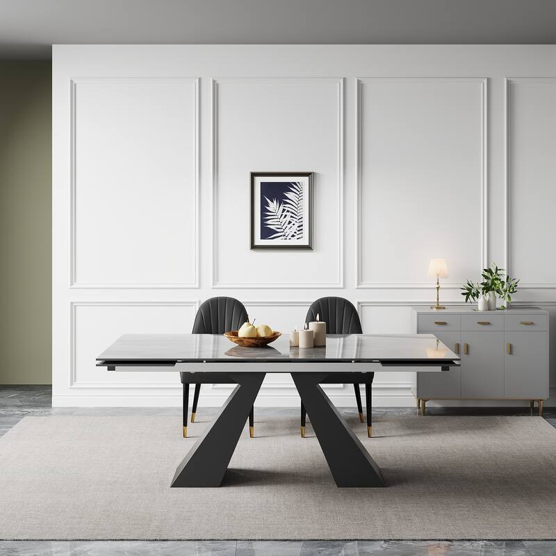 9 - Piece 110.24'' Extendable Sintered Stone Dining Table and 8 Leather Chairs Dining Set