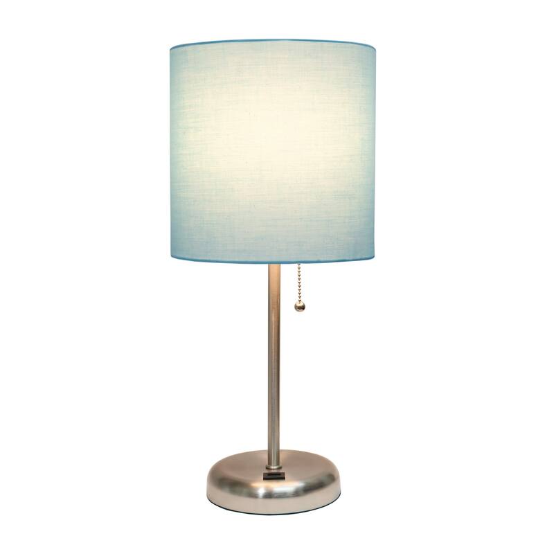 19.5 in. Brushed Steel Finish Table Lamp with Blue Shade, Durable Stick Lamp for End/Side Tables
