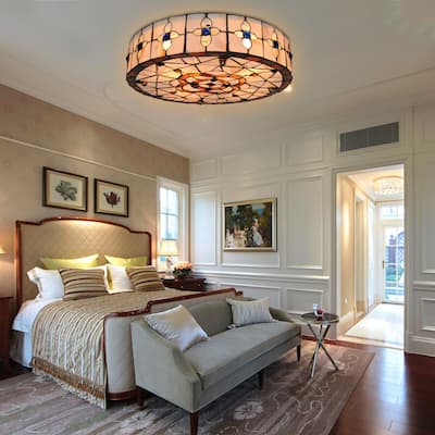 Vintage Tiffany Stained Glass Round Flush Mount Ceiling Light