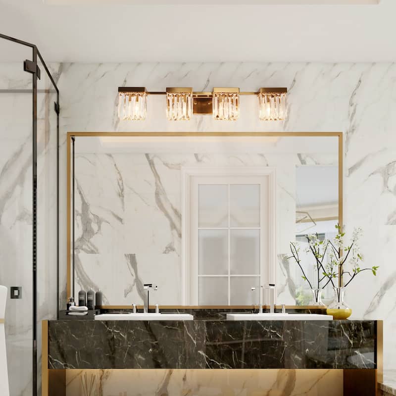 Diore Modern 4-Light Crystal Bathroom Vanity Light Gold Wall Sconces Lamps - Brass Gold - L31.5"*W5.7"*H5.9"