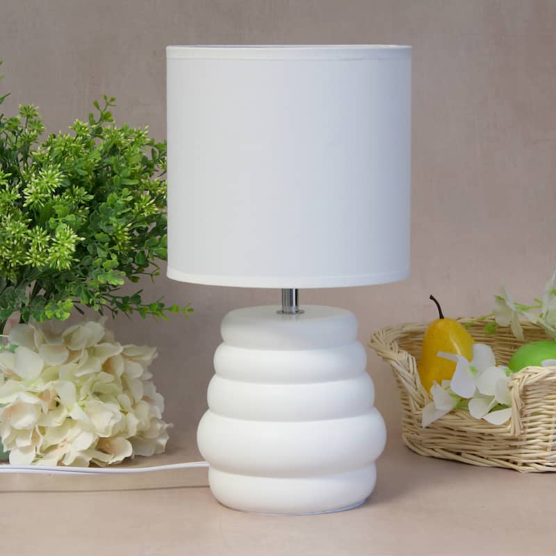 Stacked Ceramic Mini Table Lamp with Fabric Drum Shade Modern Sculptural Accent Lighting Compact Design