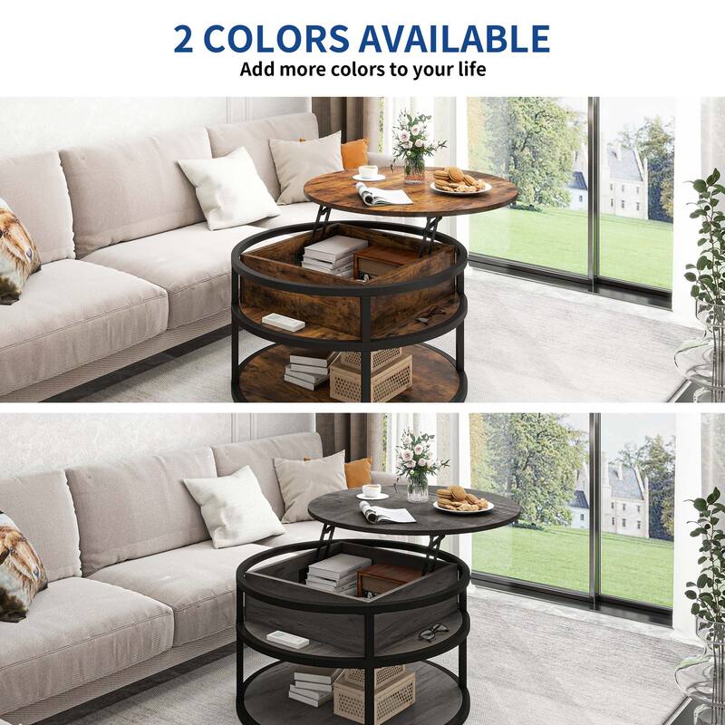 Moasis Farmhouse Lift Top Round Coffee Table with Hidden Storage and Base Shelf for Living Room