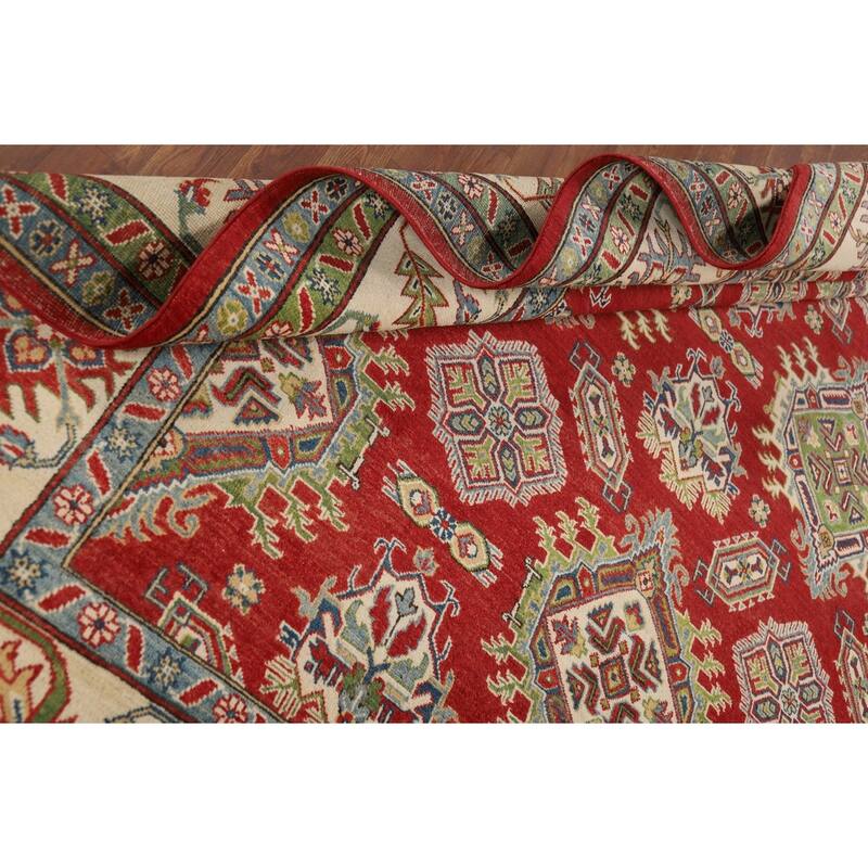 Hand Knotted Oriental 100% Wool Carpet Traditional Geometric Red Kazak Area Rug - 10' 0'' X 7' 11''
