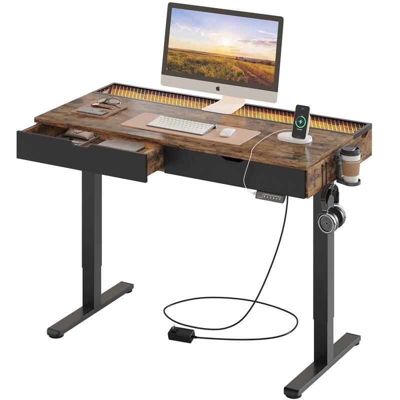 Standing Desk Electric Height Adjustable Gaming Desk with Drawer USB Port and LED Light Computer Desk - Rustic Brown