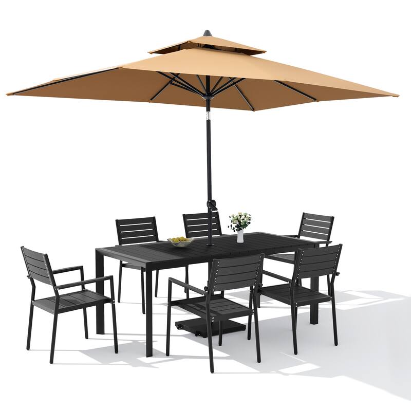 9-PCOutdoor Patio Dining Set Wood Like Aluminum Umbrella Hole Table with Stackable Armchairs, Market Umbrella and Wheel Base