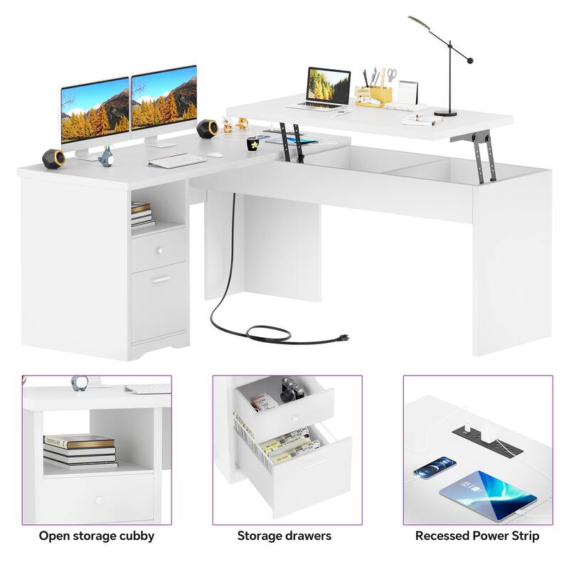 Modern Farmhouse Lift Top L-Shaped Desk with Charge Station, Corner Desk with File Drawers for Home Office