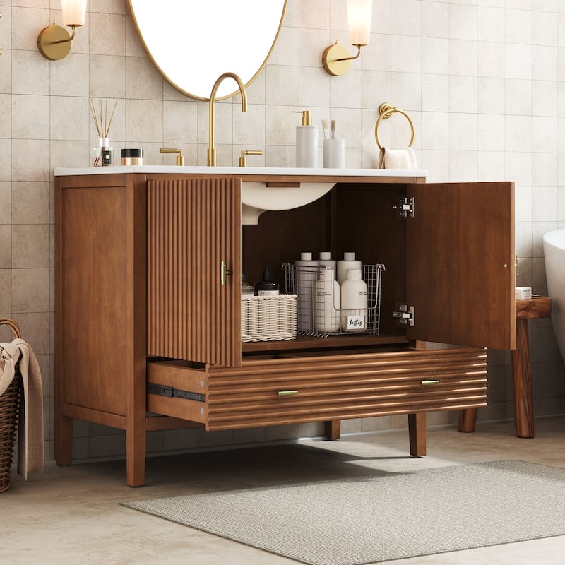 Christopher Knight Home - Mid-Century Freestanding Bathroom Vanity with Ceramic Sink, Flip-Up & Dual Drawers