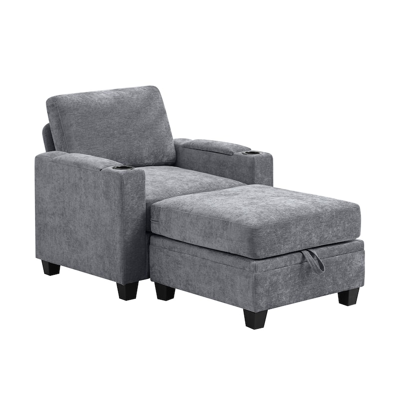 Chenille Sectional Sofa, Hidden Storage & Modular Design - Single Seat & 1 Ottoman - Pearl Light Grey