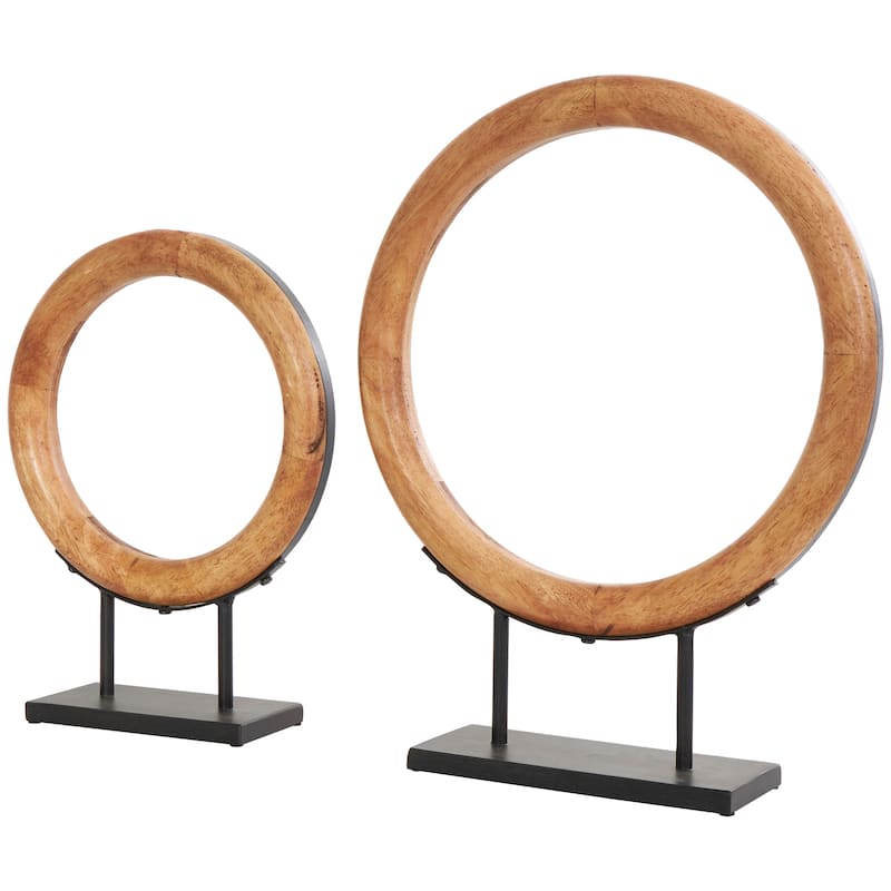 Wood Geometric Circular Ring Sculpture with Black Metal Stands - Set of 2 Brown - Roche River Decor - 4"W x 16"L x 20"H