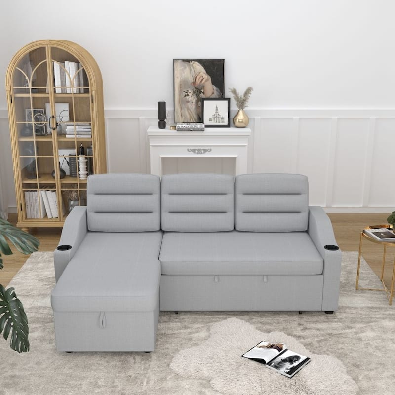 Convertible Sofa Bed Polyester Pullout Bed with Storage Recliner and Cup Holder