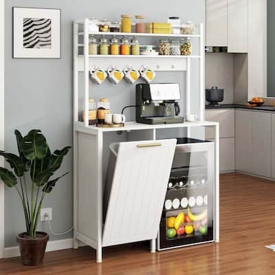 Moasis Kitchen Bakers Rack Mini Fridge Dorm Station with Trash Can Cabinet and Charger Station