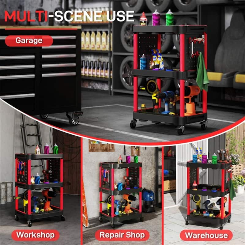 Three-Tier Mobile Rolling Tool Cart with Hooks and Storage Holes for Garage Workshop Organizer - 22.2" W x 18.7" D x 35" H