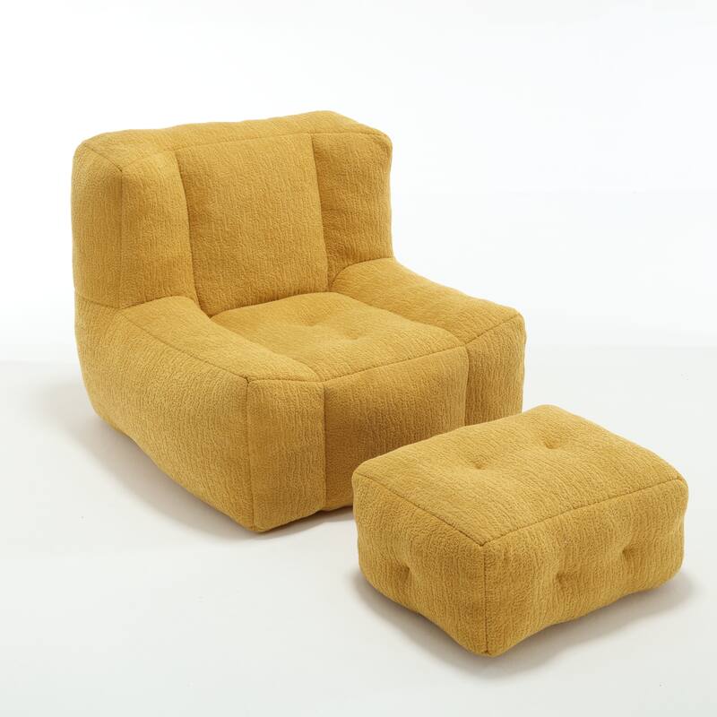 Fluffy Bean Bag Chair with Memory Foam and Ottoman, Super Soft Velvet Bean Bag for Adults & Kids, Comfortable Lazy Sofa