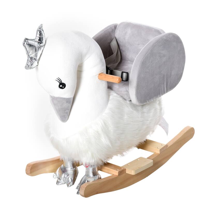 Rocking Horse, Kids Ride on Horse Swan Rocker with Sound, Plush Seat, Wooden Base, Safety Belt, for Toddlers 18-36 months, White