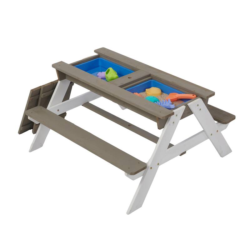 Wooden Kids Picnic Table, Sand and Water Table with Umbrella, Activity Table for Outdoor Backyard Patio Play