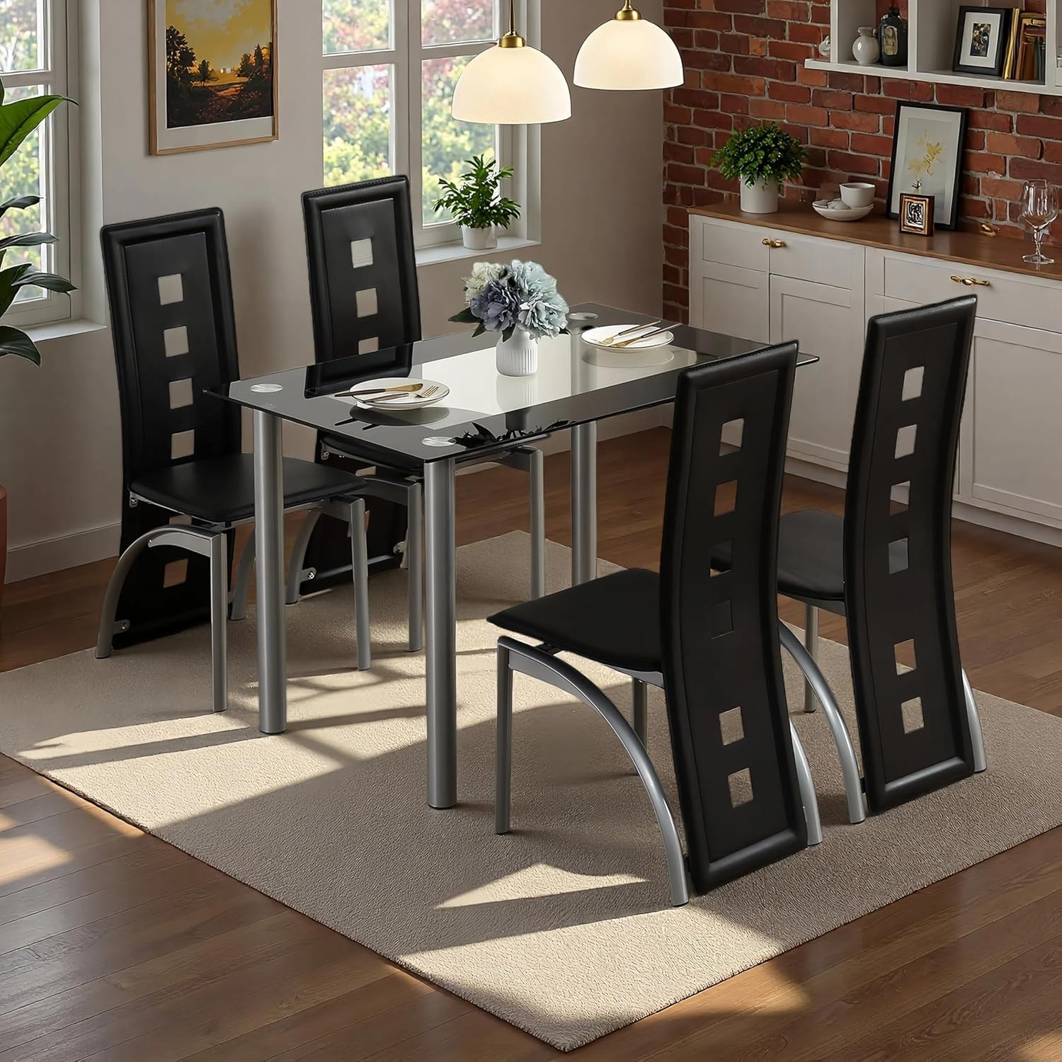 5-Piece Modern Dining Set with Glass Table and PVC Chairs for Kitchen, Living Room, Space Saving