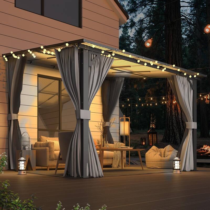 AECOJOY Gazebo for Patio, Small Wall-Mounted Lean to Pergola 8x8 Gazebo with Curtains and Netting, Hard Top Gazebo on Clearance