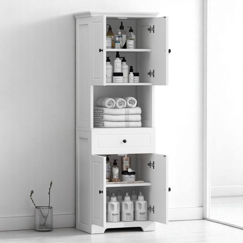 Tall Bathroom Storage Cabinet with 4 Doors, Adjustable Shelves & Open Shelf, Freestanding Organizer