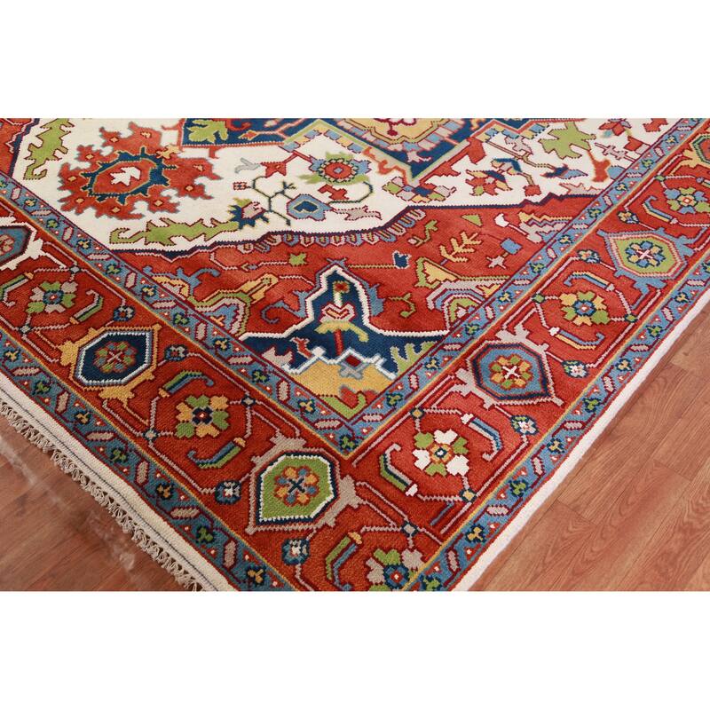 Ivory & Orange Medallion Heriz Serapi Indian Area Rug 9x12 - 9' x 12'