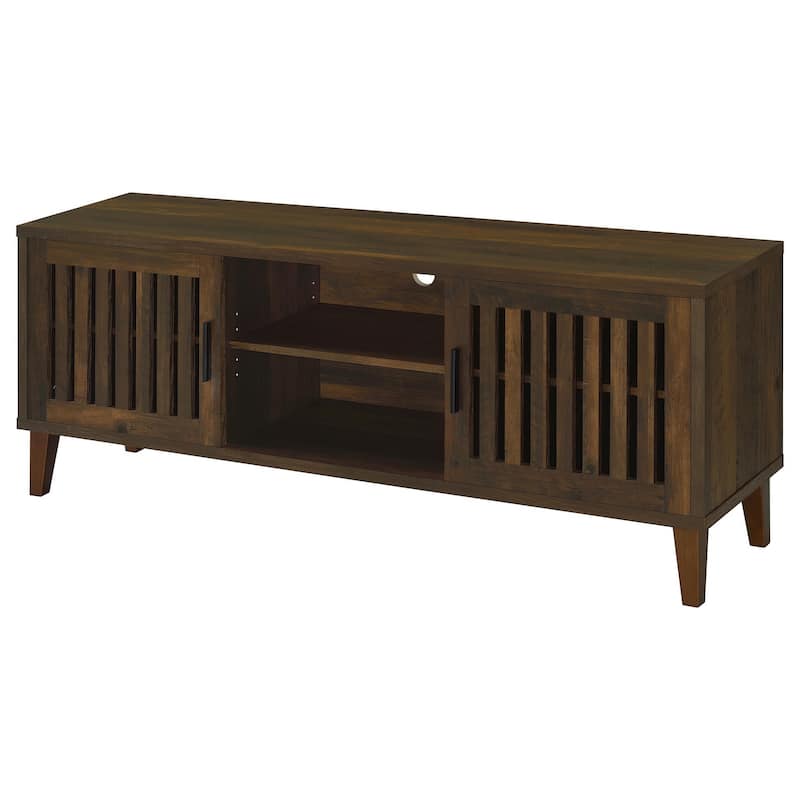 Sid TV Stand Media Cabinet, 2 Slatted Doors, Shelf, Brown Wood 60 Inch