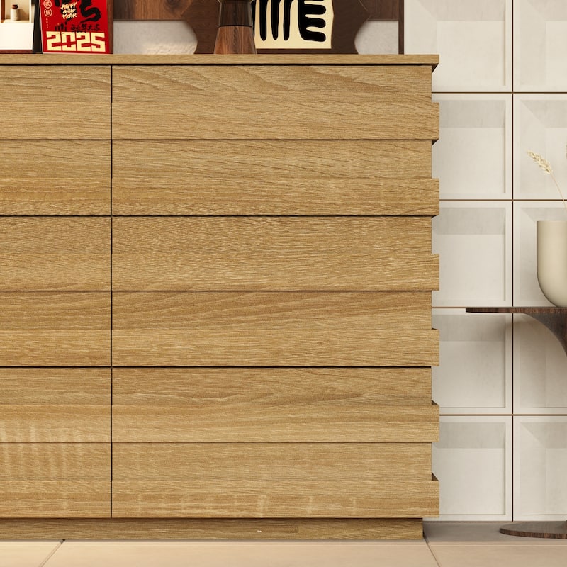 9 - Drawer Dresser Storage Cabinet: Light Wood Finish with a Modern Linear Design for Ample Storage