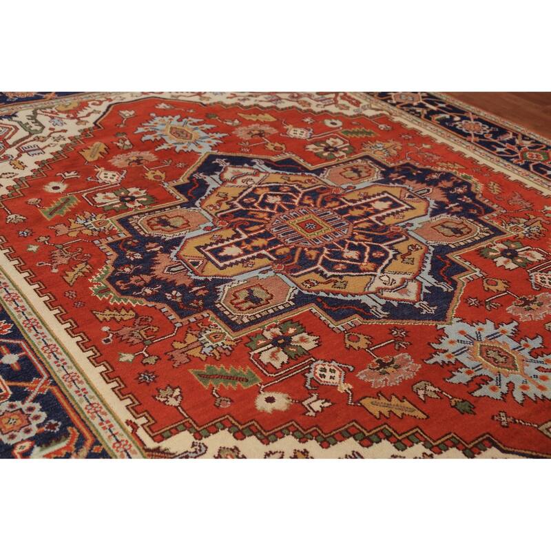 Orange Medallion Heriz Serapi Indian Area Rug Hand-Knotted Wool Carpet - 8'11"x 11'9"
