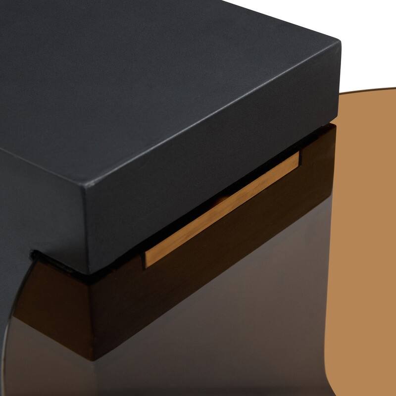 Modern Detachable Round Coffee Table - Double-Layer Brown Glass Top & Black L-Shaped Legs