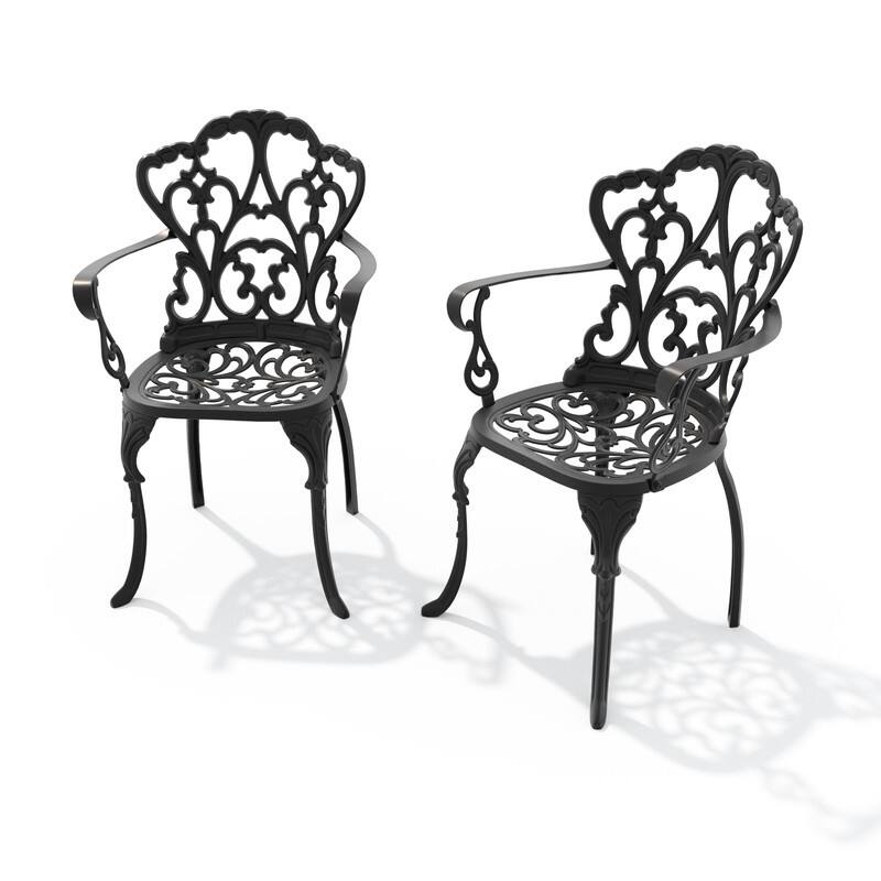 Black Cast Aluminum Patio Outdoor Dining Chairs with Off-White Seat Cushions (Set of 2)