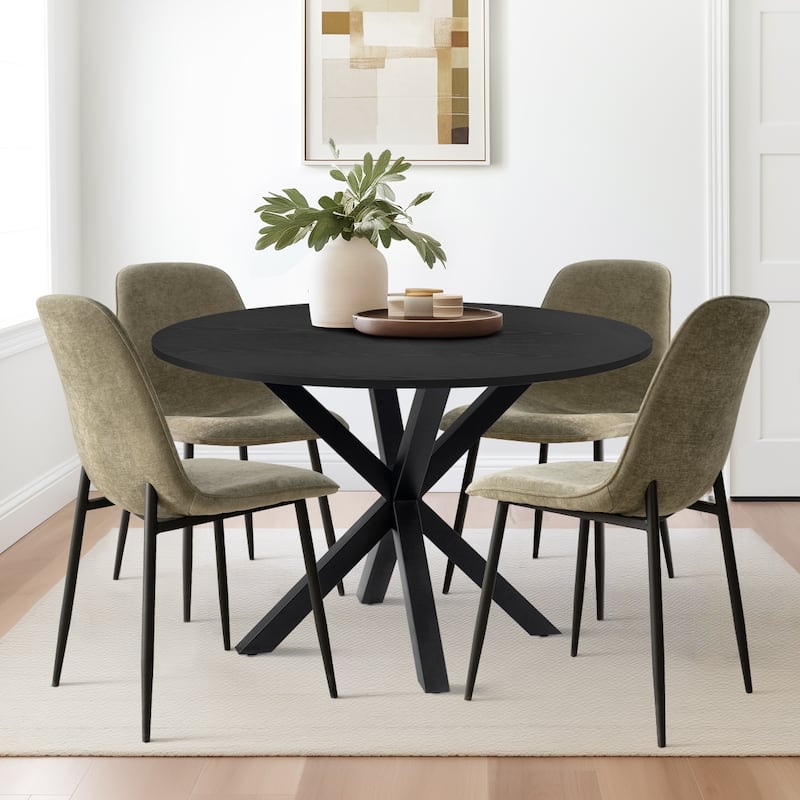 Round Dining Table Set for 4 with Upholstered Chairs and Pedestal Base