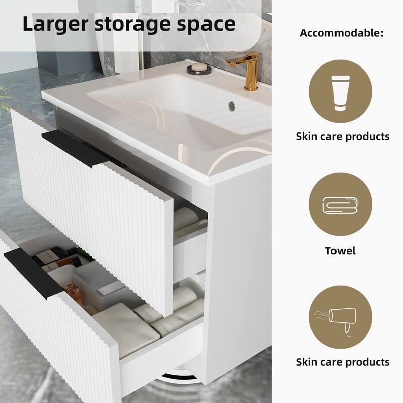 30 Inch Floating Bathroom Vanity with Ceramic Sink, Wall Mounted Fluted Cabinet with Drawers, Modern MDF Design