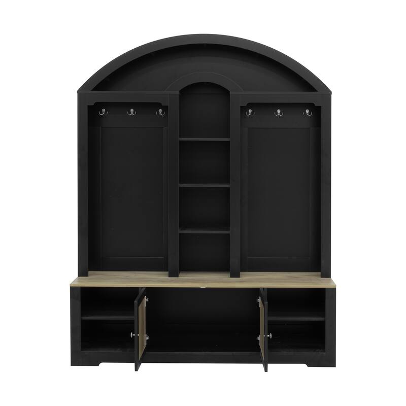 Hall Tree with Bench and Shoe Storage, Wood Entryway Bench with Coat Rack, Coat Hooks, Narrow Tall Storage Cabinet with Shelf