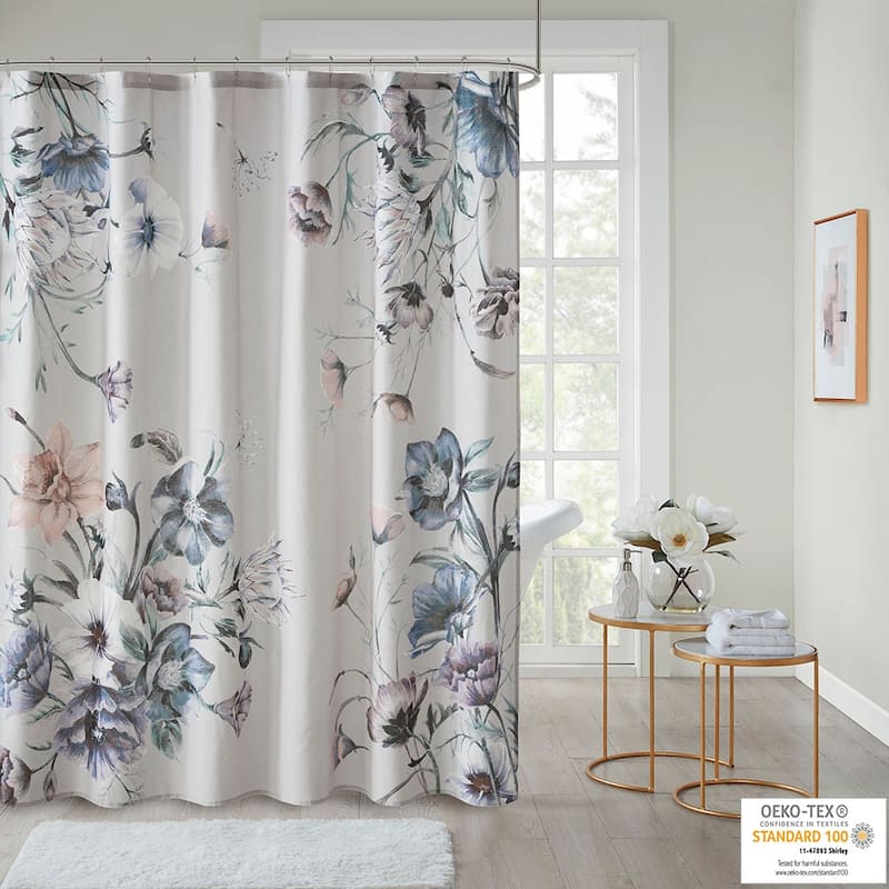 Floral Printed Cotton Shower Curtain - Blue