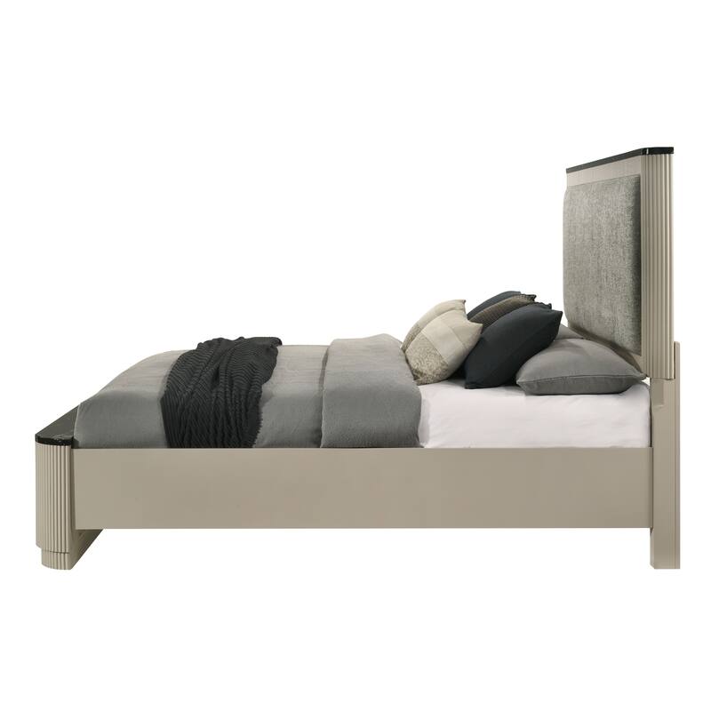 Queen Bed with Linen Headboard, Metal Drawers, and Marble Print Design