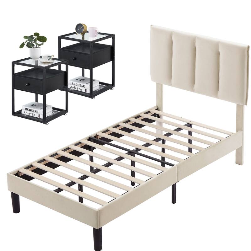 VECELO, Five Colors, 3-Pieces Tufted Upholstered Platform Bed Frame with Adjustable Height Headboard and Nightstands Set of 2
