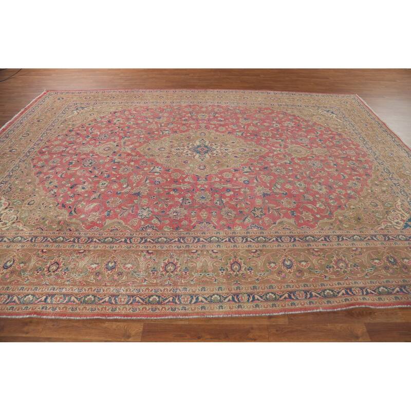 Traditional Pink Mashad Persian Vintage Rug Hand-Knotted Wool Carpet - 9'5"x 12'5"