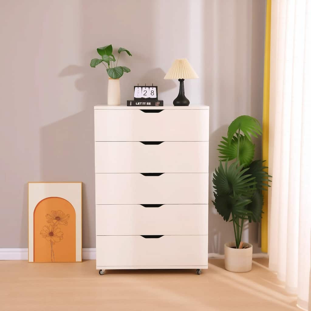 5 Drawer Storage Cabinet with Wheels Tall Dresser Modern Design Movable