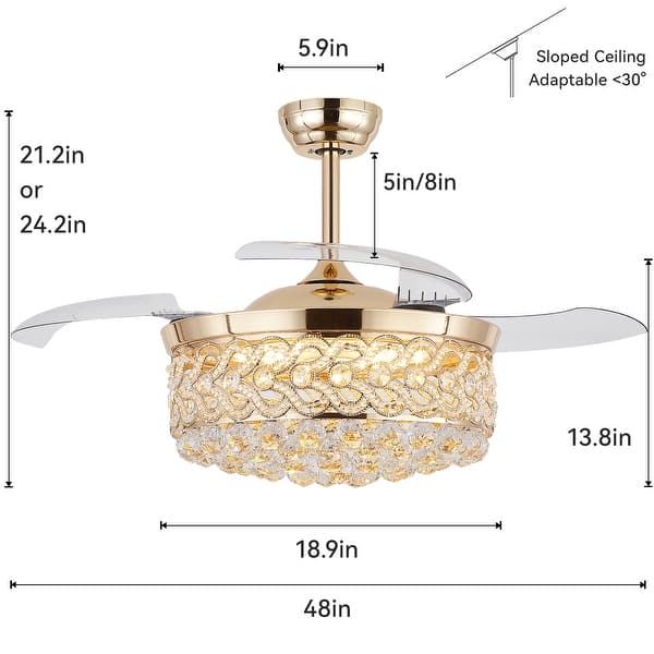 dimension image slide 1 of 4, Kviflon 48'' Crystal Ceiling Fan with Lights and Remote 6 Speed, 3 Light Change Retractable Blades Chandelier Ceiling Fan