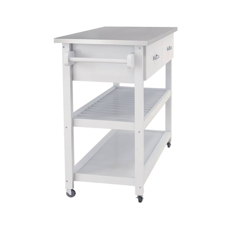 Mobile Dining and Coffee Table, Stainless Steel Tabletop Kitchen Cart with Two Storage Drawers and Storage Shelves