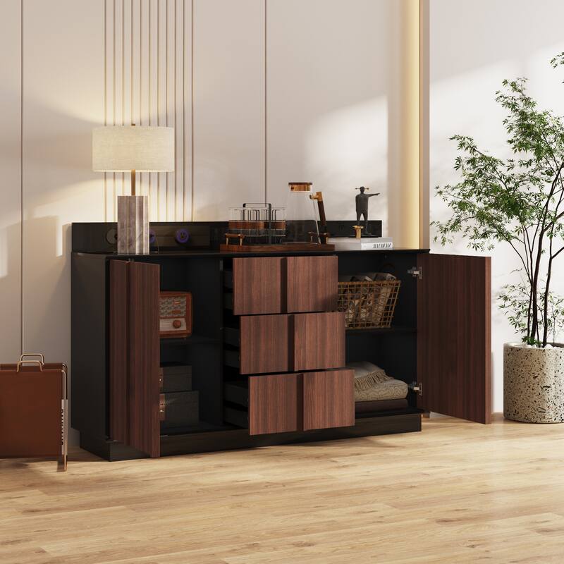 Modern Black High-Gloss Sideboard Buffet Cabinet with Coffee Wood Grain Doors, Sliding Power Outlet & Cable Management Box