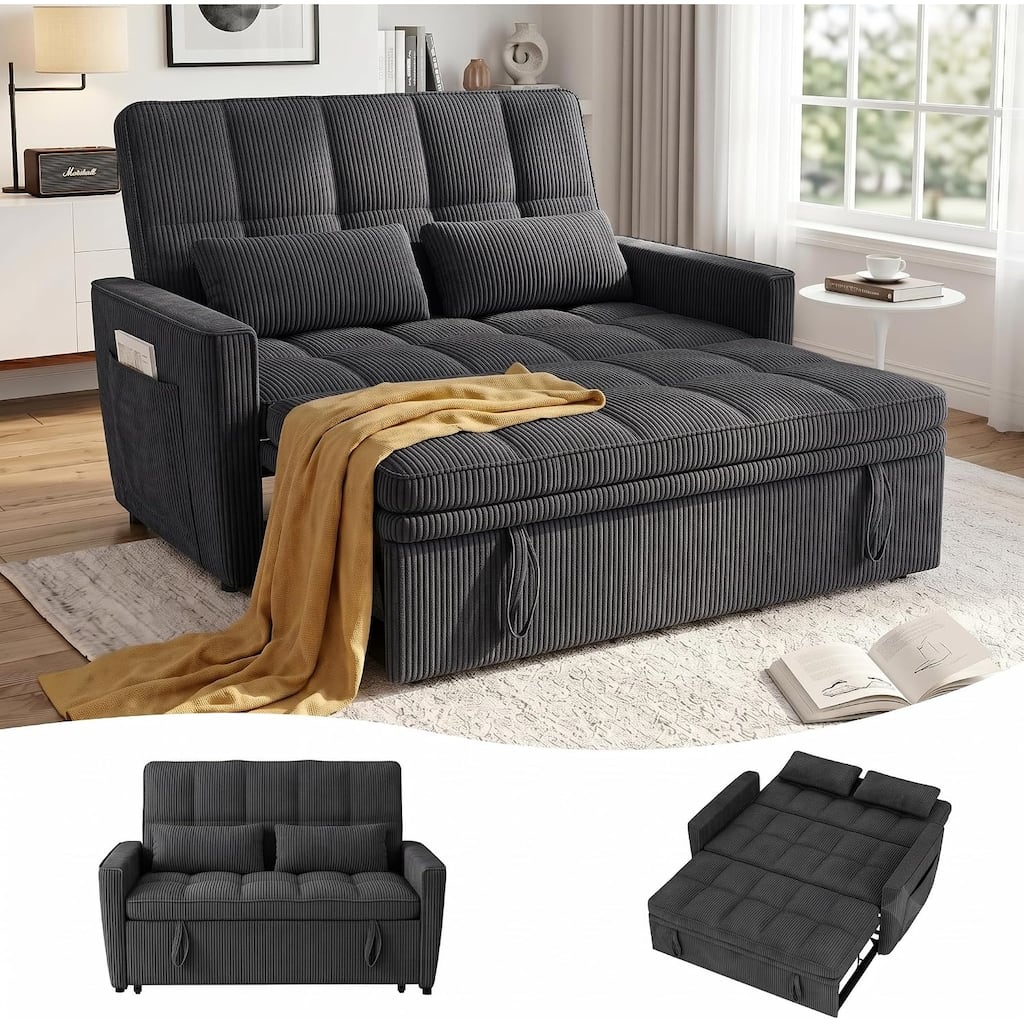 54" Sleeper Sofa Bed,Convertible Pull Out Couch Futon,Side Pockets, Corduroy Fabric,Adjustable Backrest
