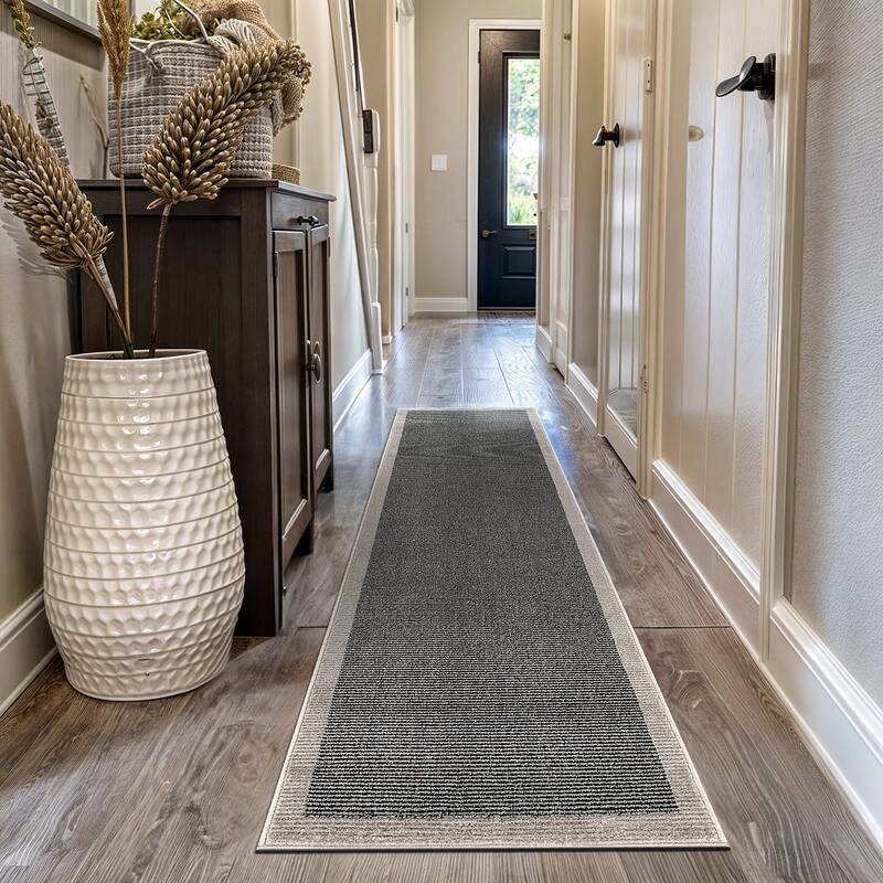 Modern Geometric Stripe Bordered Area Rug for Living Room, Bedroom, or Entryway - Low Pile Indoor Rug - Black - 2' 3" x 12'