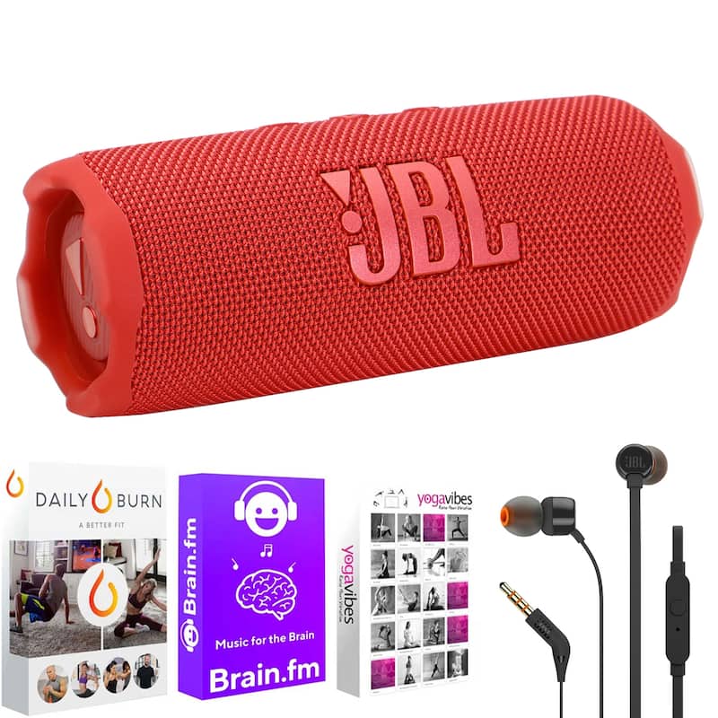 JBL Flip 7 Portable Waterproof Bluetooth Speaker (Red) + T110 in Ear Headphones + Fitness and Wellness Plus Software - Red