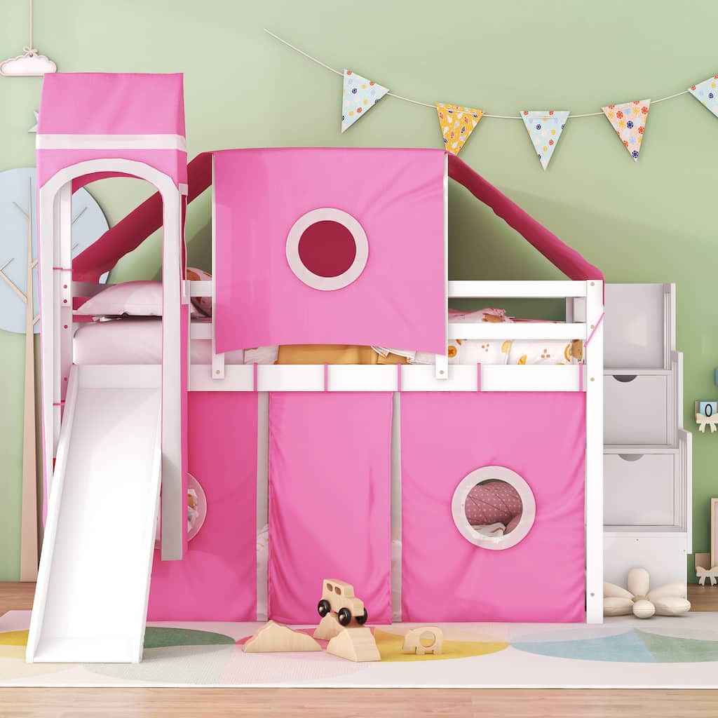 Full Castle Style Loft Bed with Tent and Tower, Kids Playhouse Solid Wood Bunk Bed with Storage Stairs and Slide for KIds, Pink