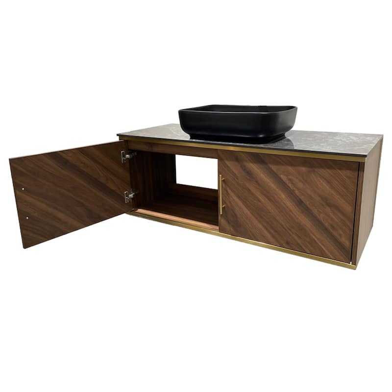 47.24" Modern Bathroom Vanities With Black Glossy Sintered Stone Table Top, Brown Wood Floating Cabinets