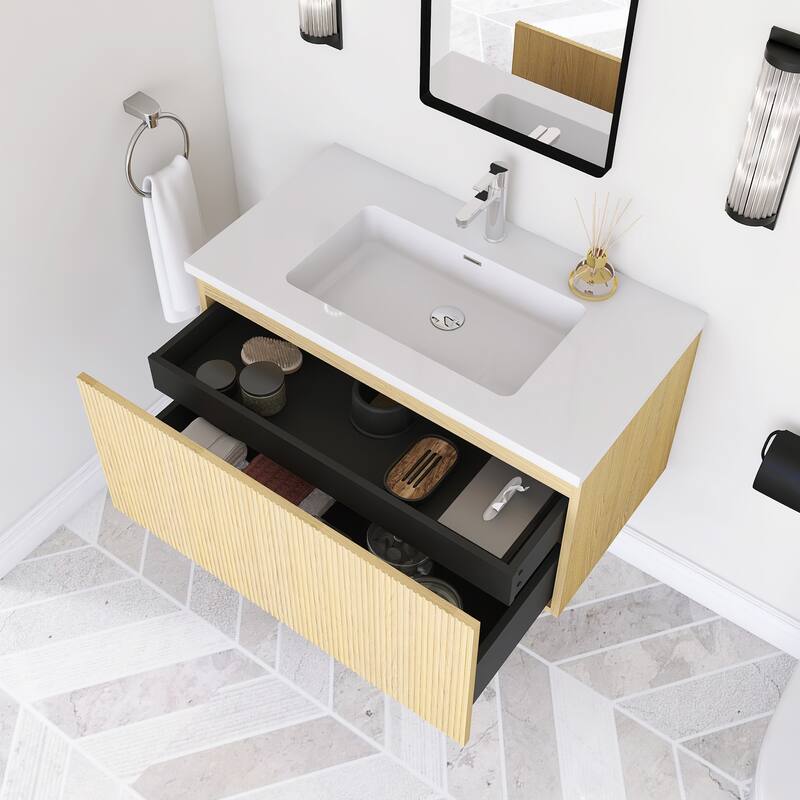 Floating Bathroom Vanity in Yellow Oak with Integrated Resin Top